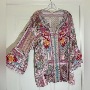 Savanna Jane Women's 3x Floral Embroidered Bell Sleeve Blouse